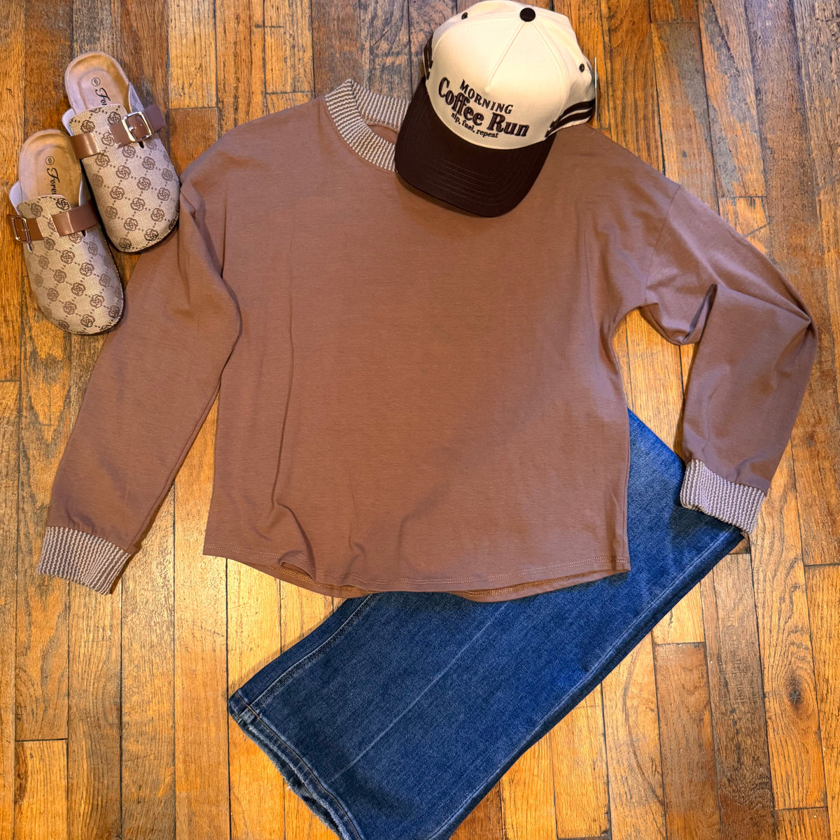 Ribbed-Trim Long-Sleeve Pullover Top