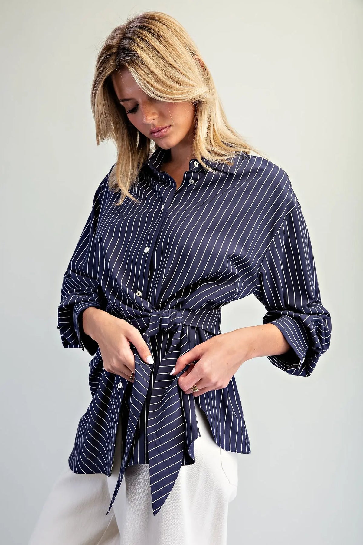Long Sleeve Pinstripe Button-Down Shirt with Sash Tie