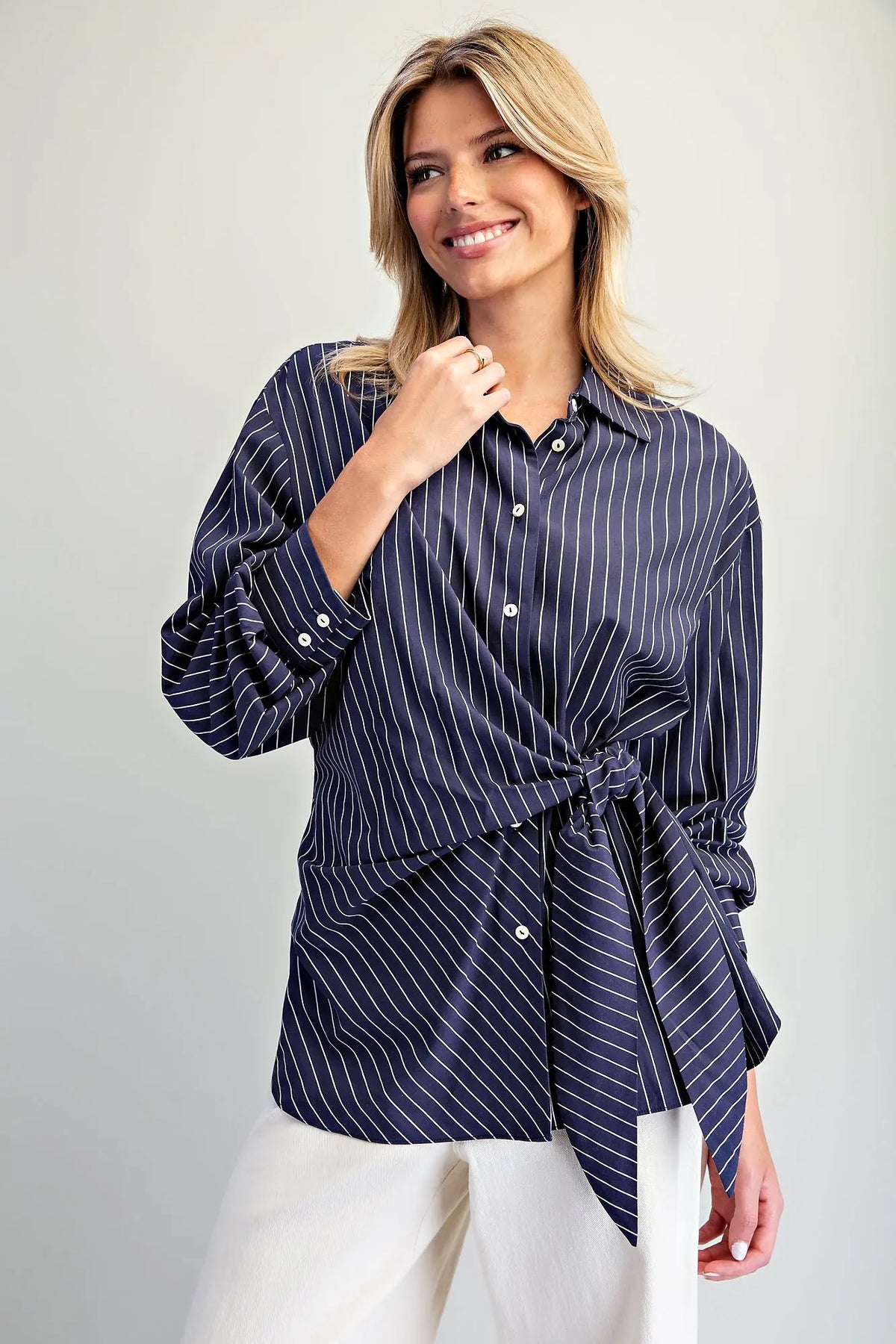 Long Sleeve Pinstripe Button-Down Shirt with Sash Tie