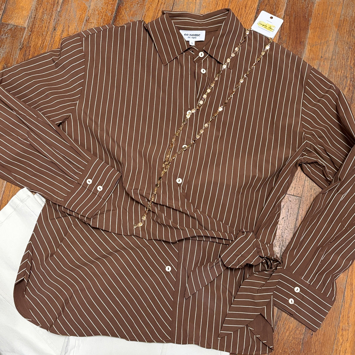 Long Sleeve Pinstripe Button-Down Shirt with Sash Tie