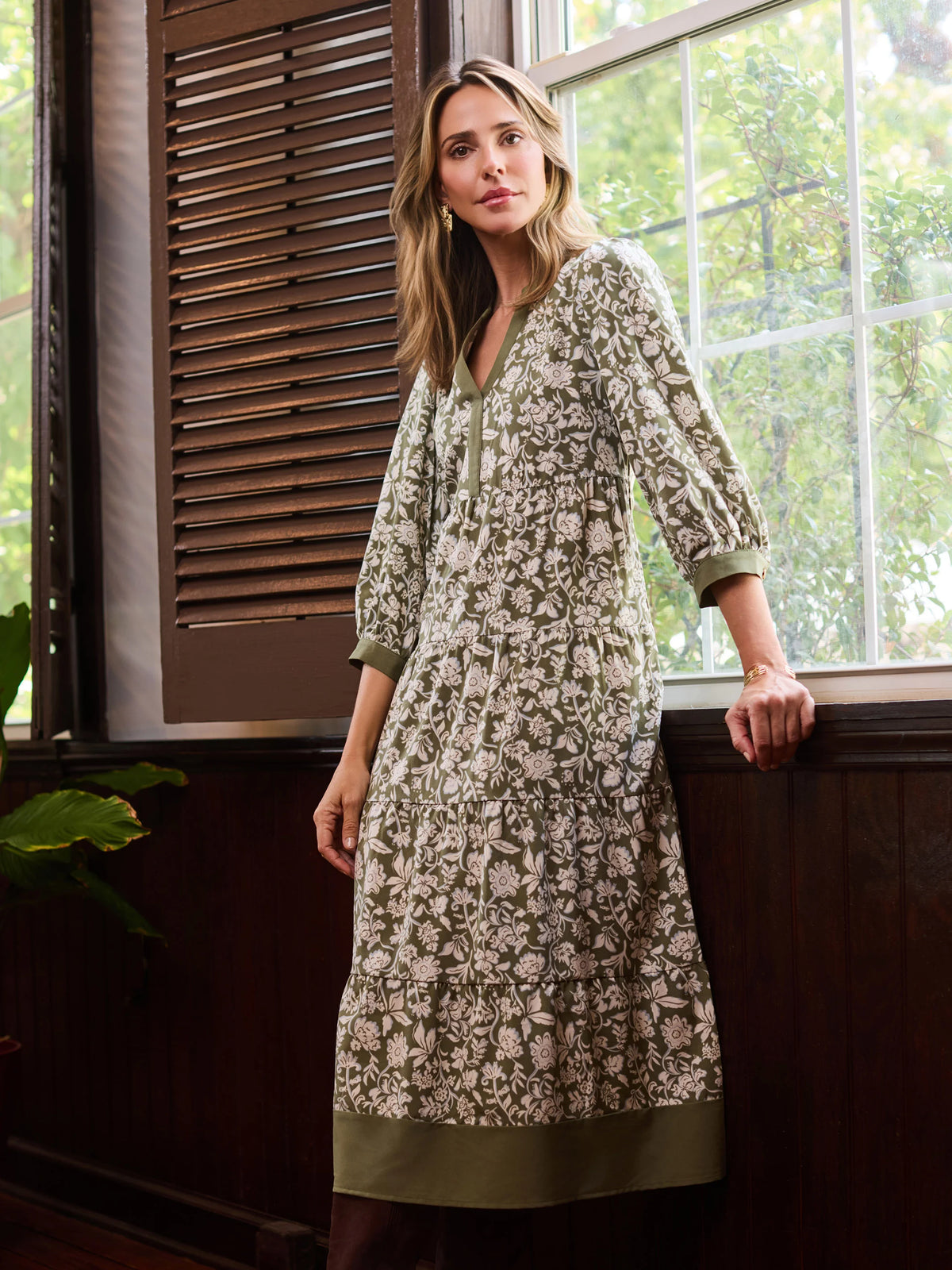 Green Ivory Floral Midi Dress