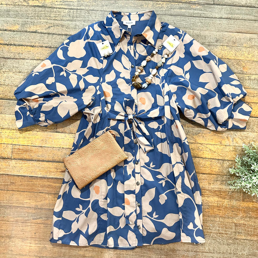 Teal Botanical Floral Tie-Waist Mini Shirt Dress