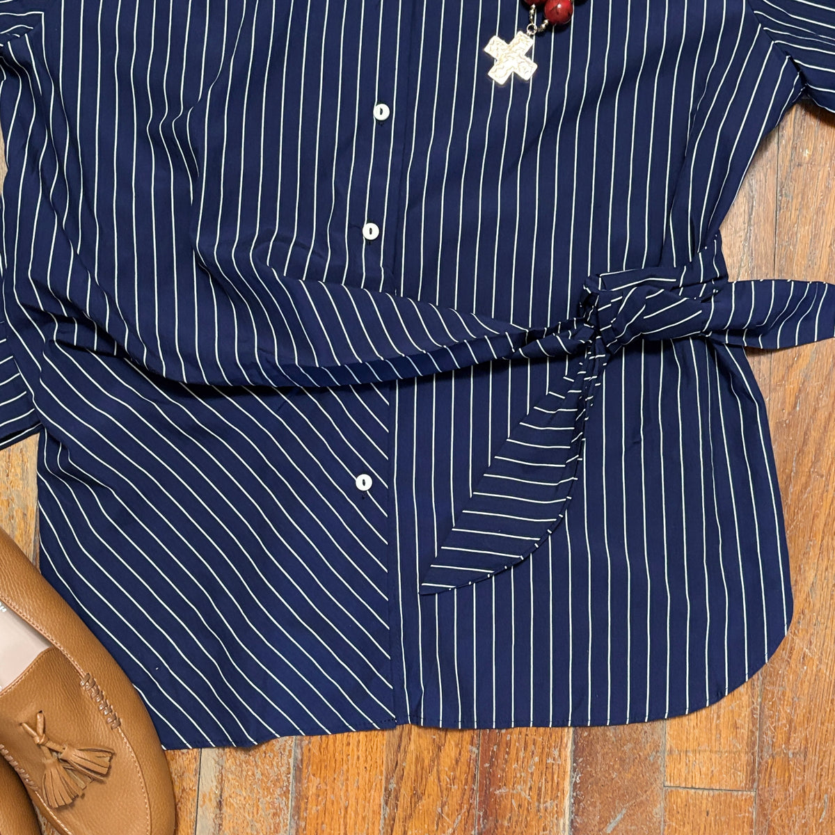 Long Sleeve Pinstripe Button-Down Shirt with Sash Tie