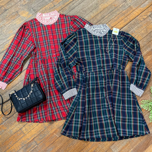 Festive Plaid Stripe Collar Dress