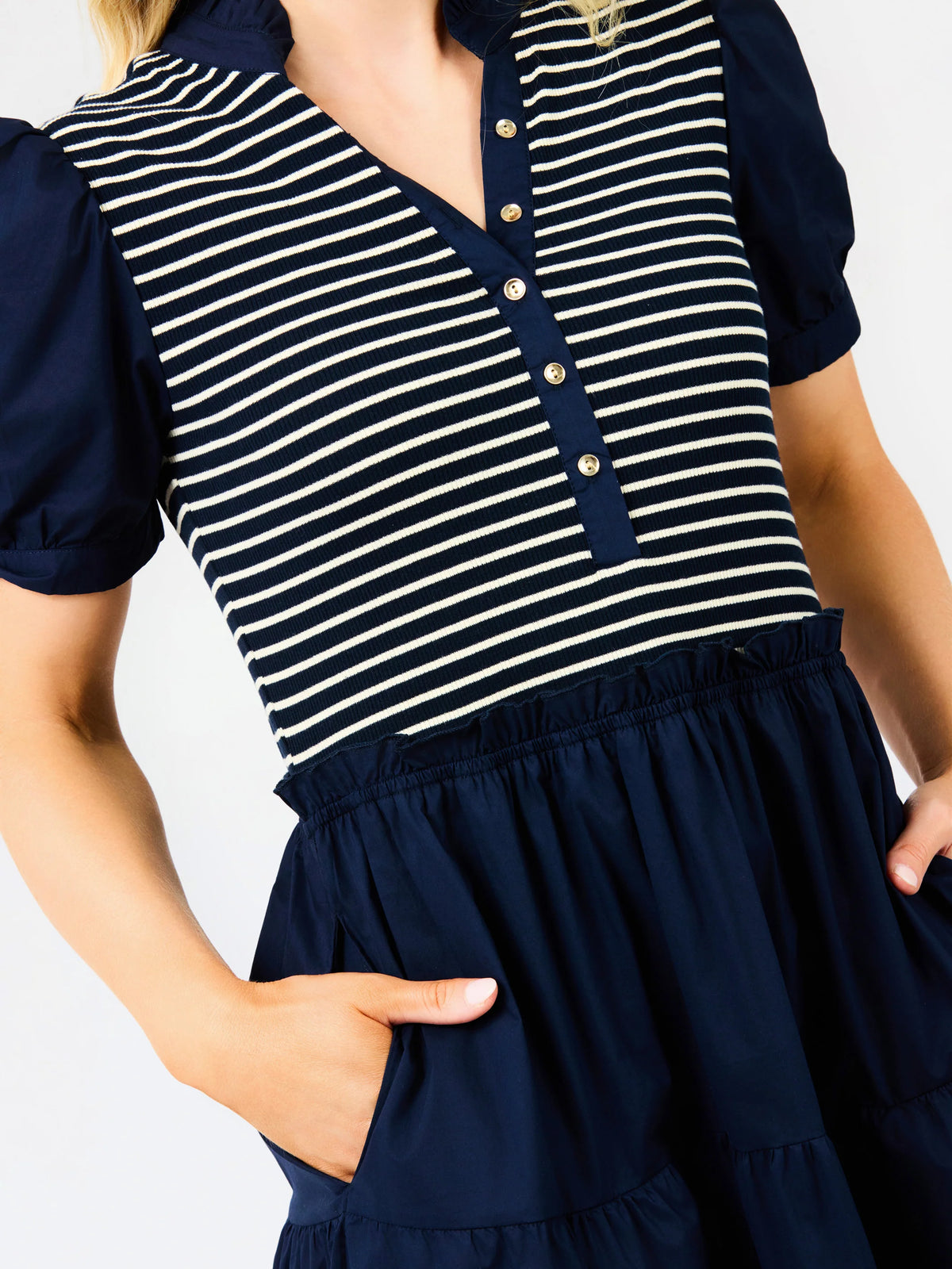 Navy Stripe Elastic Waist Puff Sleeve Midi Dress