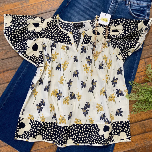 Navy Mixed Print Top