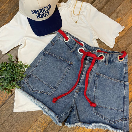 Tie Waist Denim Shorts