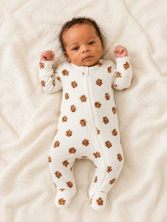 Teddy Bear - Organic Pointelle 2-Way Zip Footie
