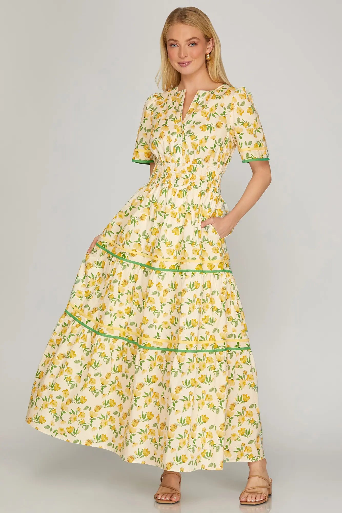 Yellow Floral Tiered Maxi Dress