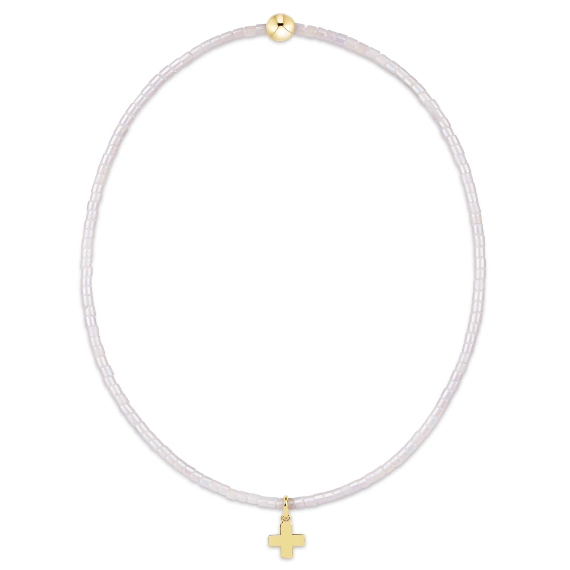 Necklace with gold beads and cross on a white background