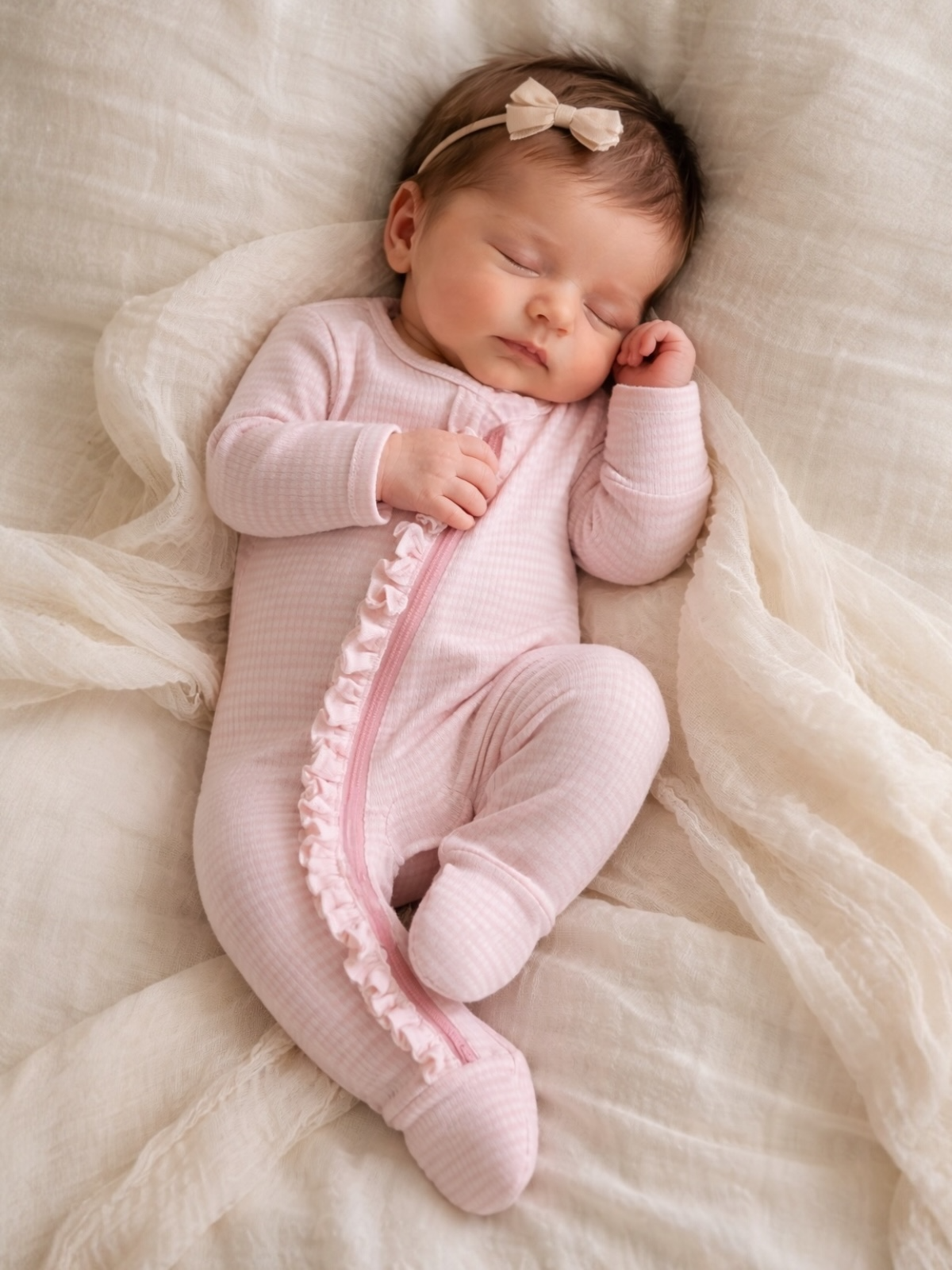 Pink Stripe - Ribbed Frill 2-Way Zip Footie