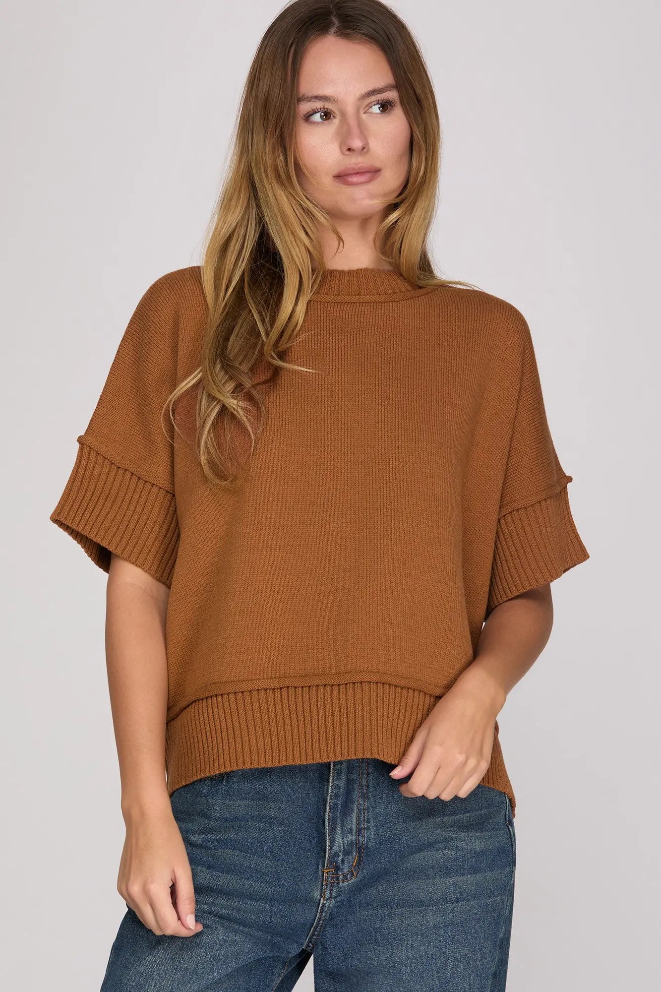 Drop Half Sleeve Crew Neck Sweater Top