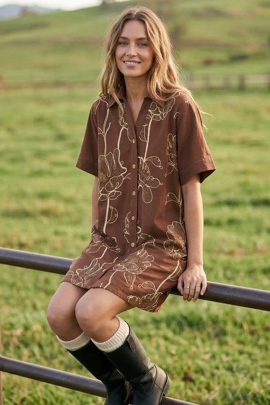 Short Sleeve Woven Embroidered Button-Down Mini Dress