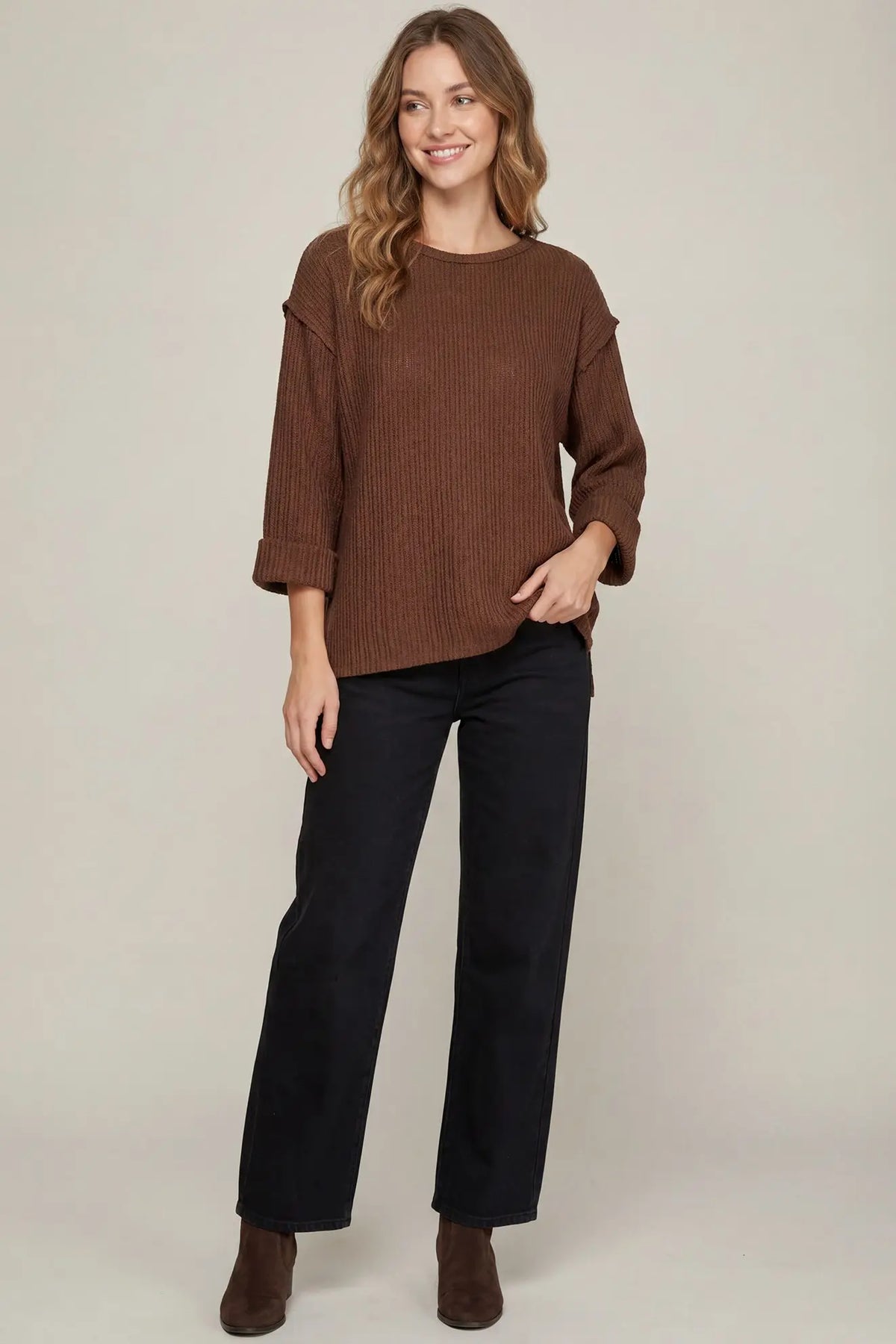 3/4 Folded Sleeve Knit Top