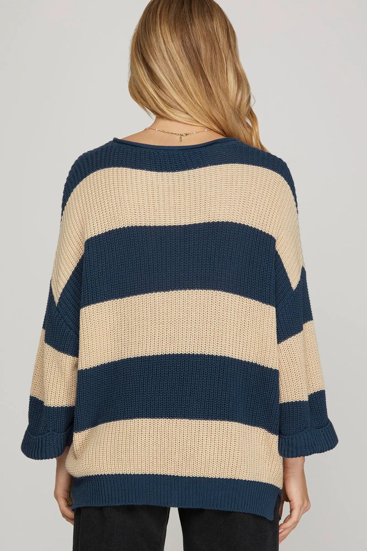 3/4 Sleeve V-Neck Stripe Sweater
