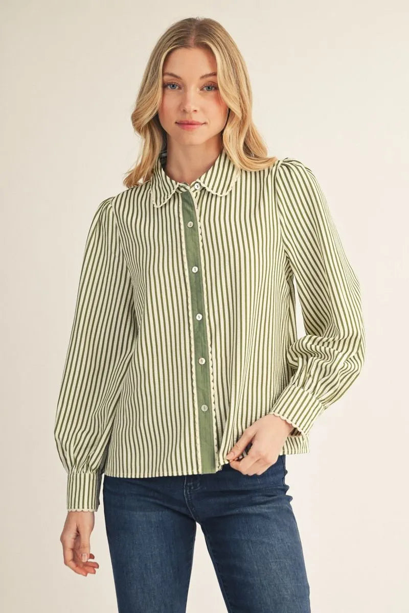 Stripe Button-Down Top with Scallop Detail