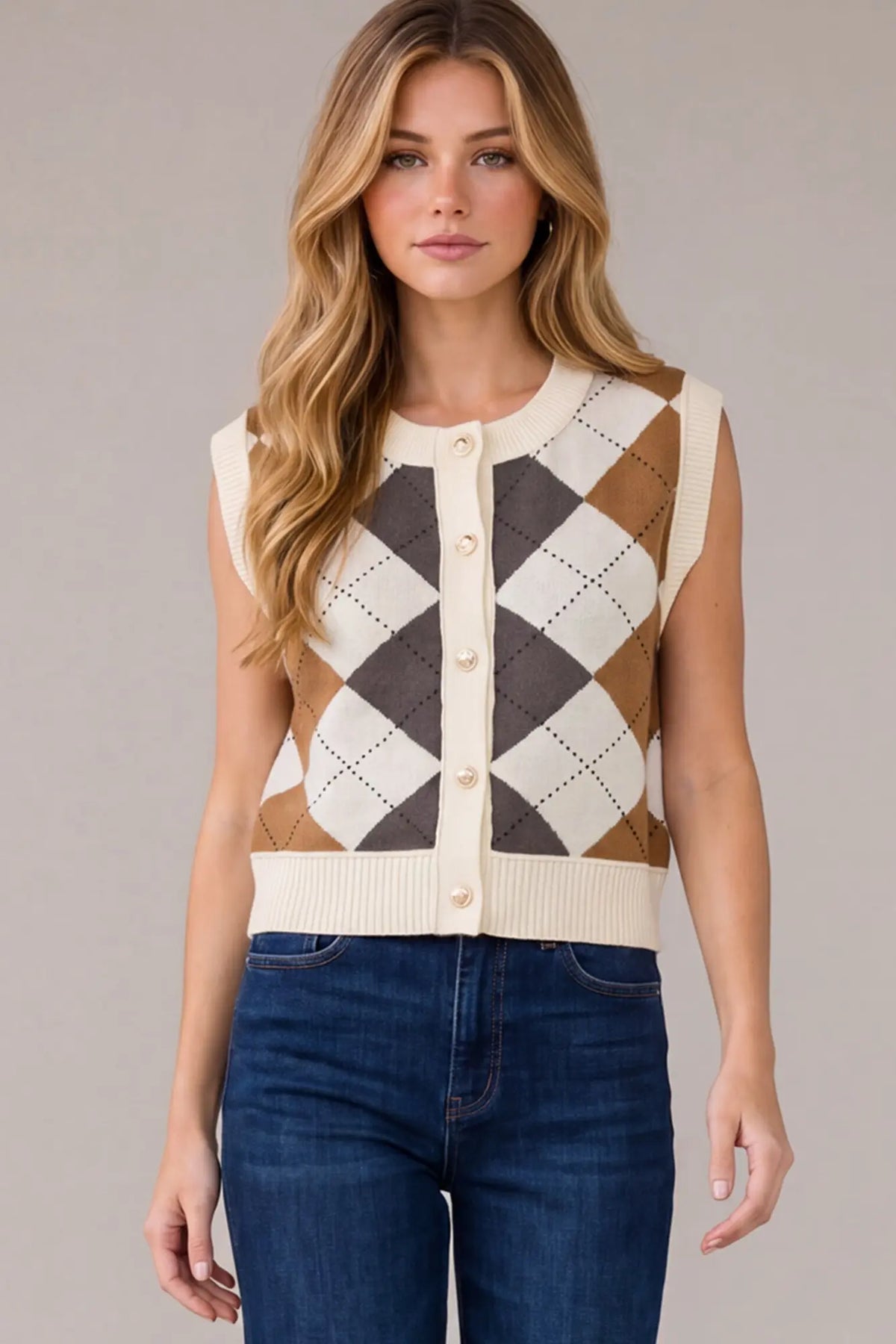 Cream Argyle Knit Sweater Vest