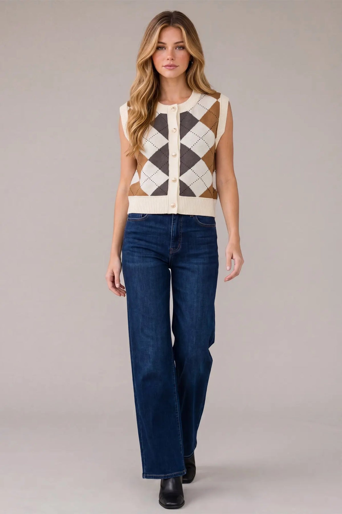Cream Argyle Knit Sweater Vest