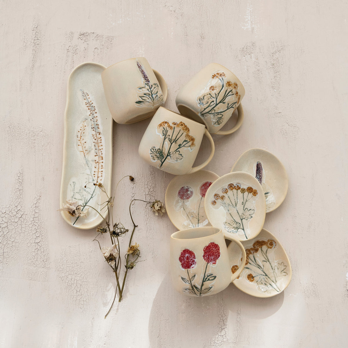 Multicolor Floral Stoneware Plate, Organic Shape