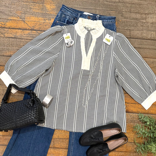 3/4 Puff Sleeve Gingham Top with Contrast Ruffle Neckline
