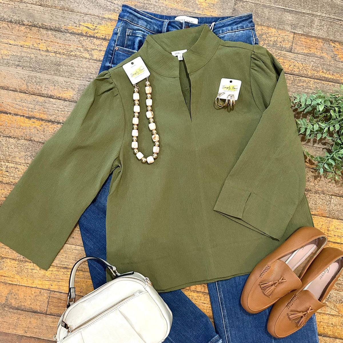 3/4 Sleeve Textured Mock V-Neck Blouse