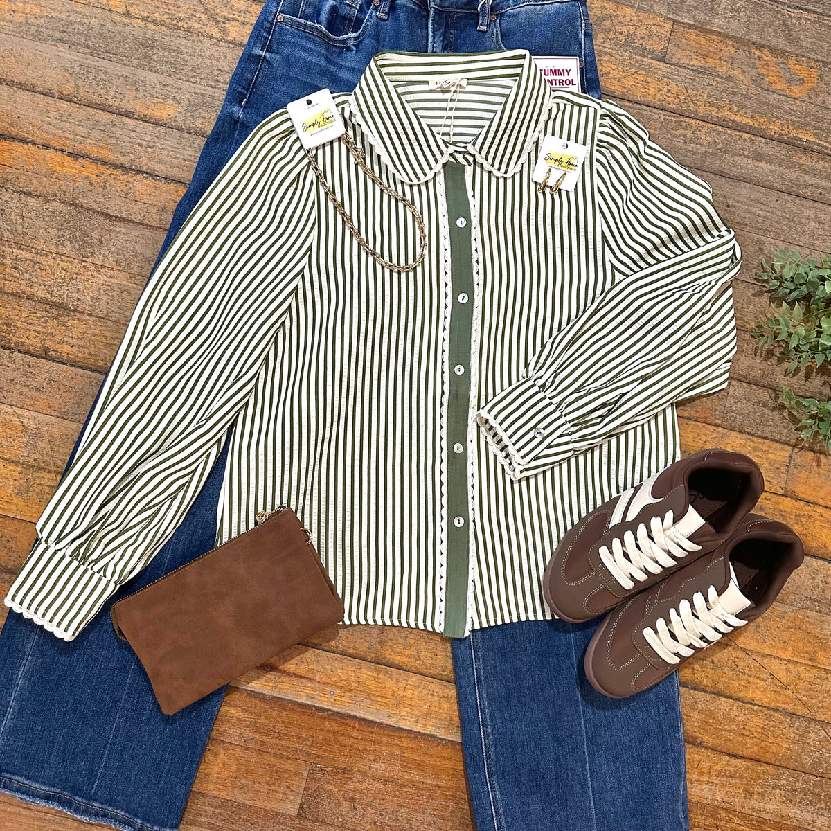 Stripe Button-Down Top with Scallop Detail