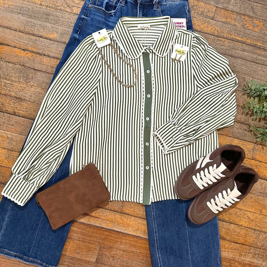 Stripe Button-Down Top with Scallop Detail