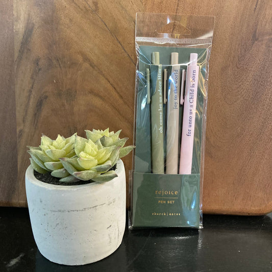 A packaged set of four reusable coffee stirrers standing upright in a clear plastic sleeve on a dark tabletop, with a small potted succulent to the left and a wooden board behind it.