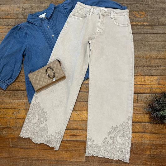 Risen Jeans Almond Embroidered Cropped Barrel Jeans