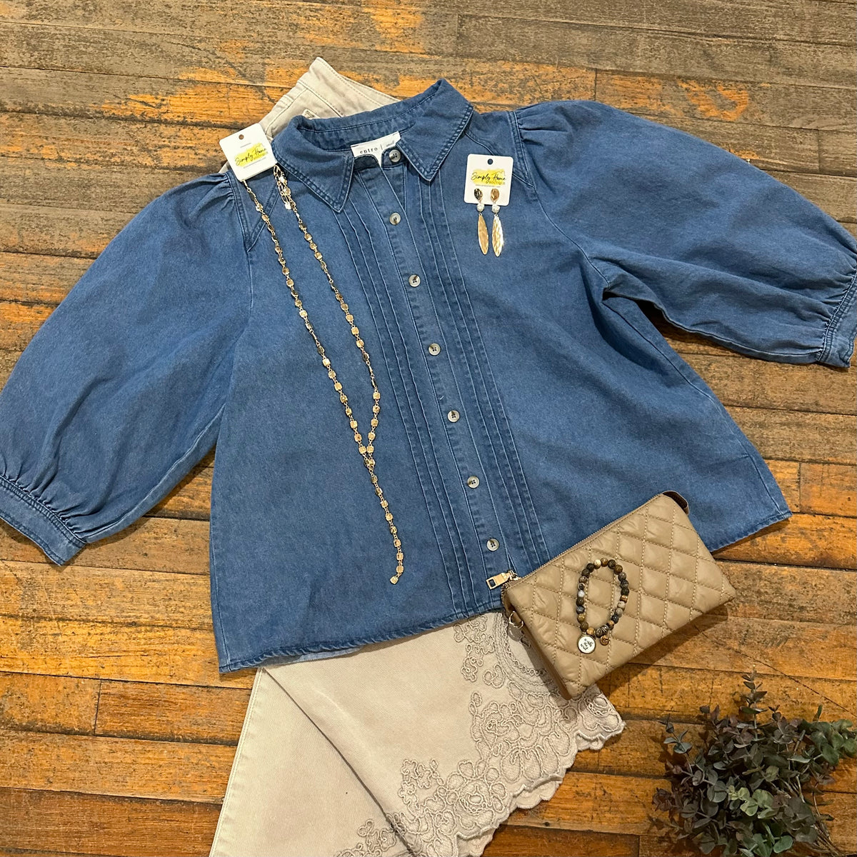 Denim Pintuck Button-Down Top