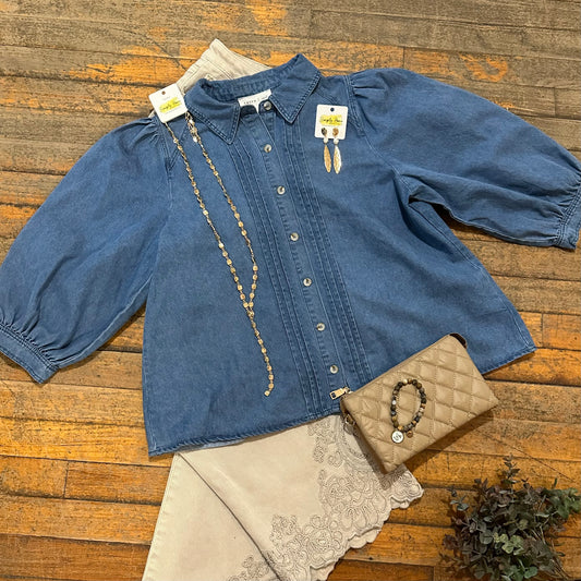 Denim Pintuck Button-Down Top