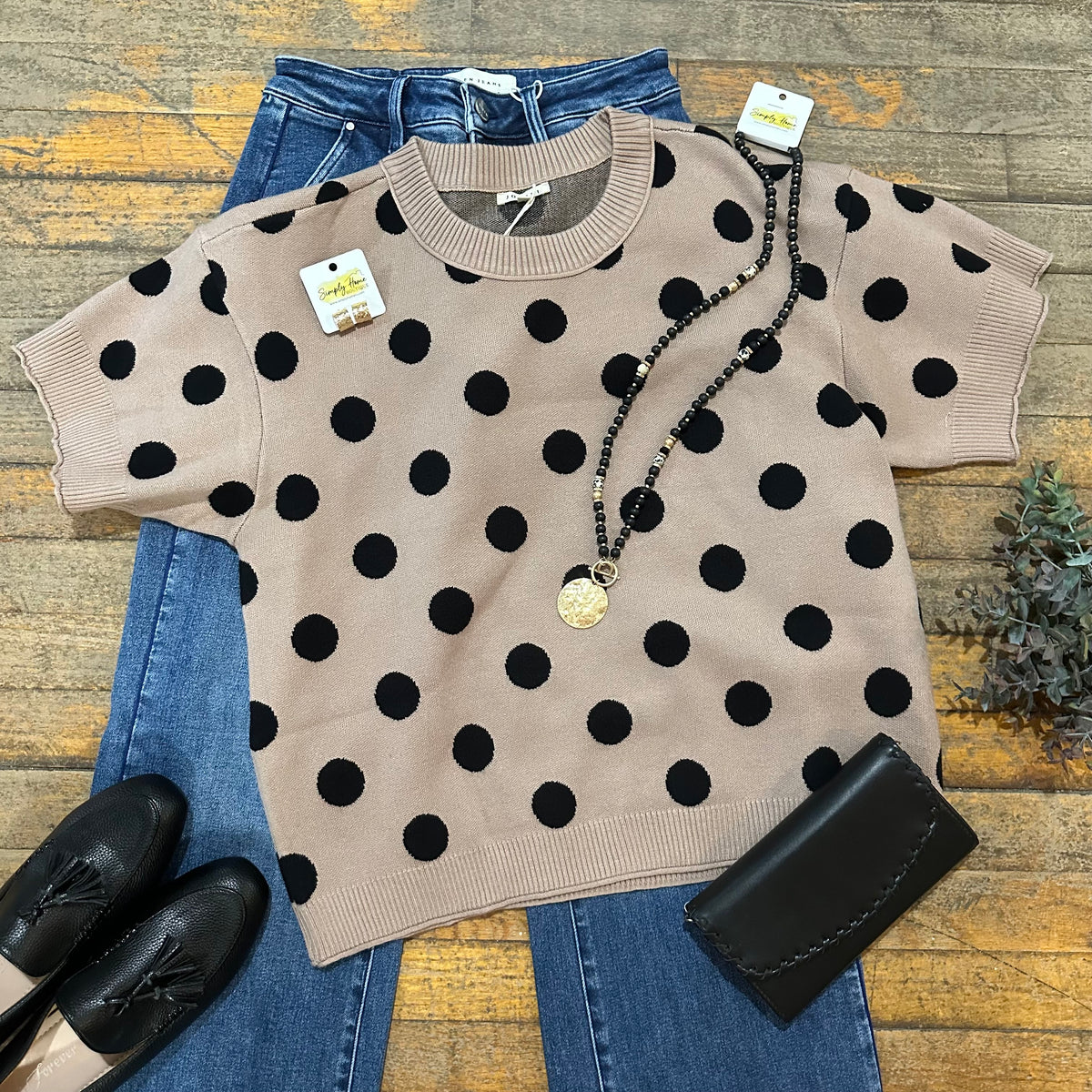 Black Polka Dot Short Sleeve Sweater
