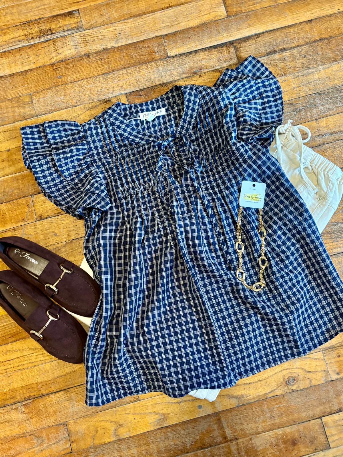 Ruffle Sleeve Pintuck Woven Gingham Top