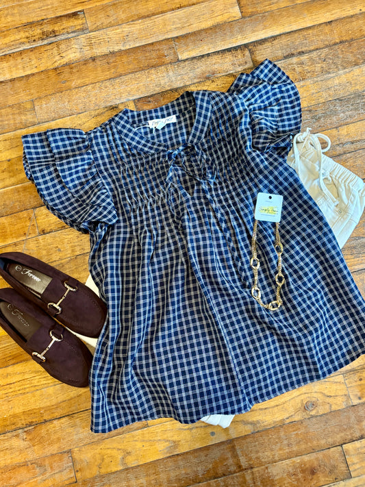 Ruffle Sleeve Pintuck Woven Gingham Top