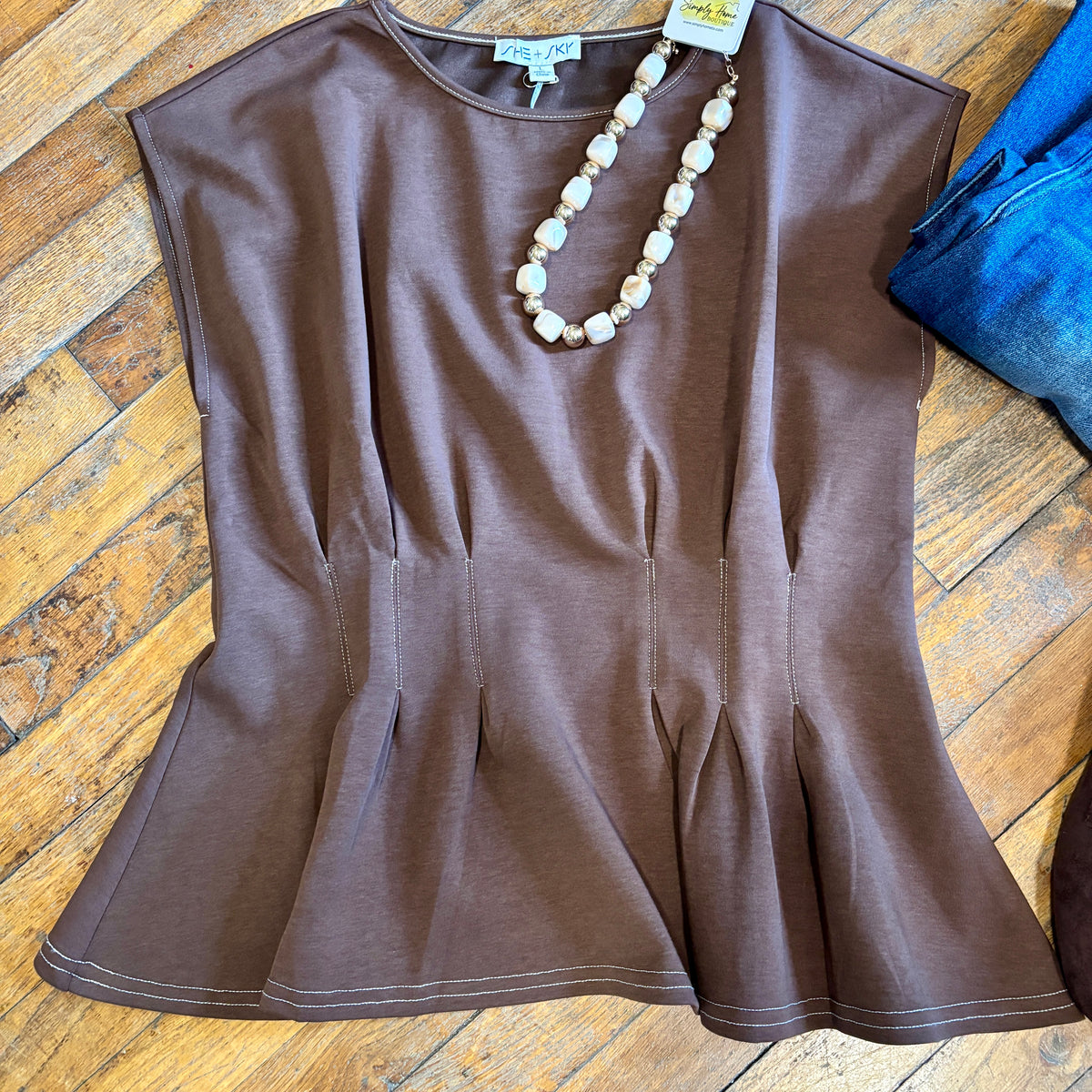 Short Sleeve Waist Pintuck Knit Top