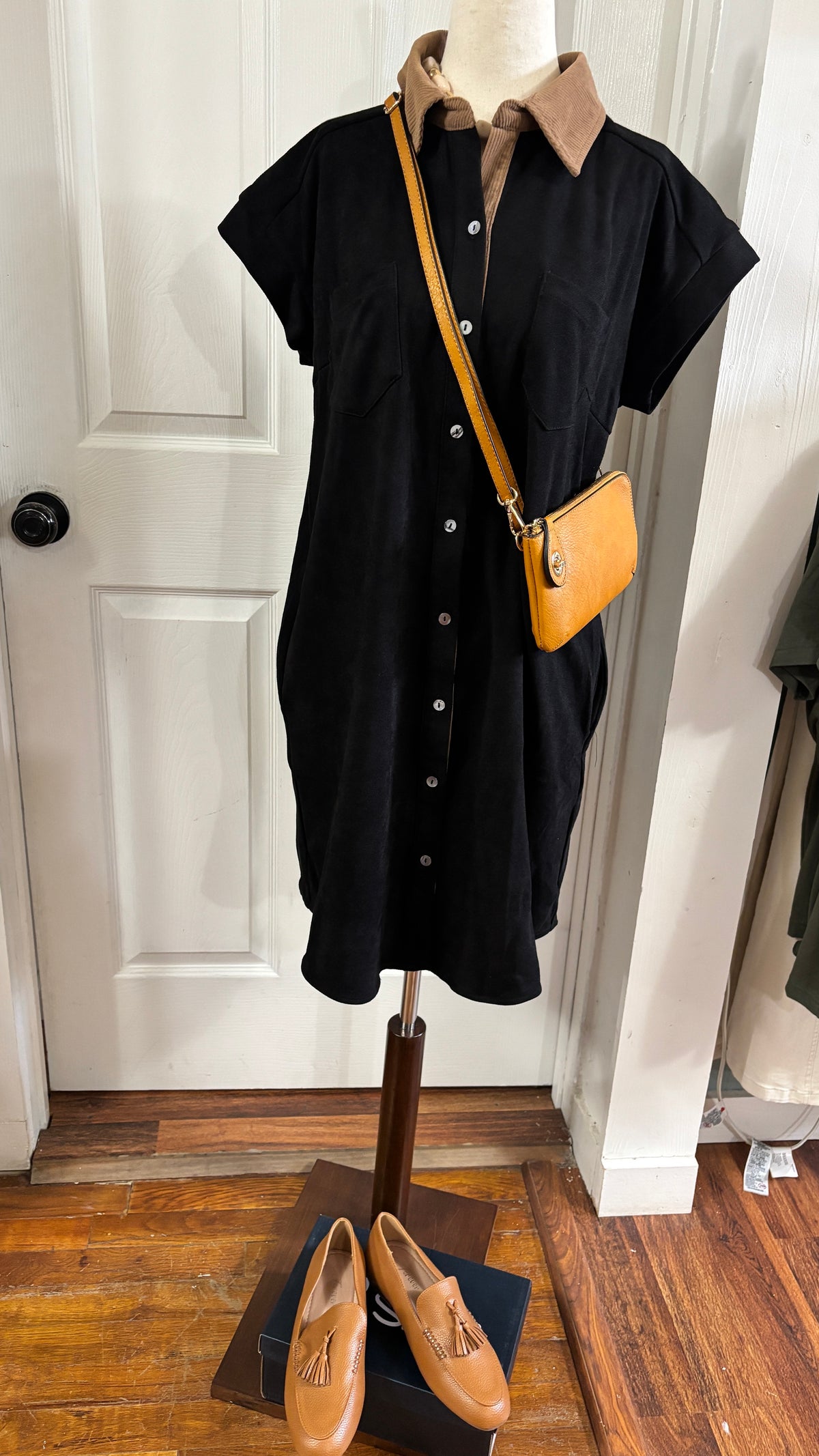 Short Sleeve Contrast Collar Button-Down Suede Mini Shirt Dress