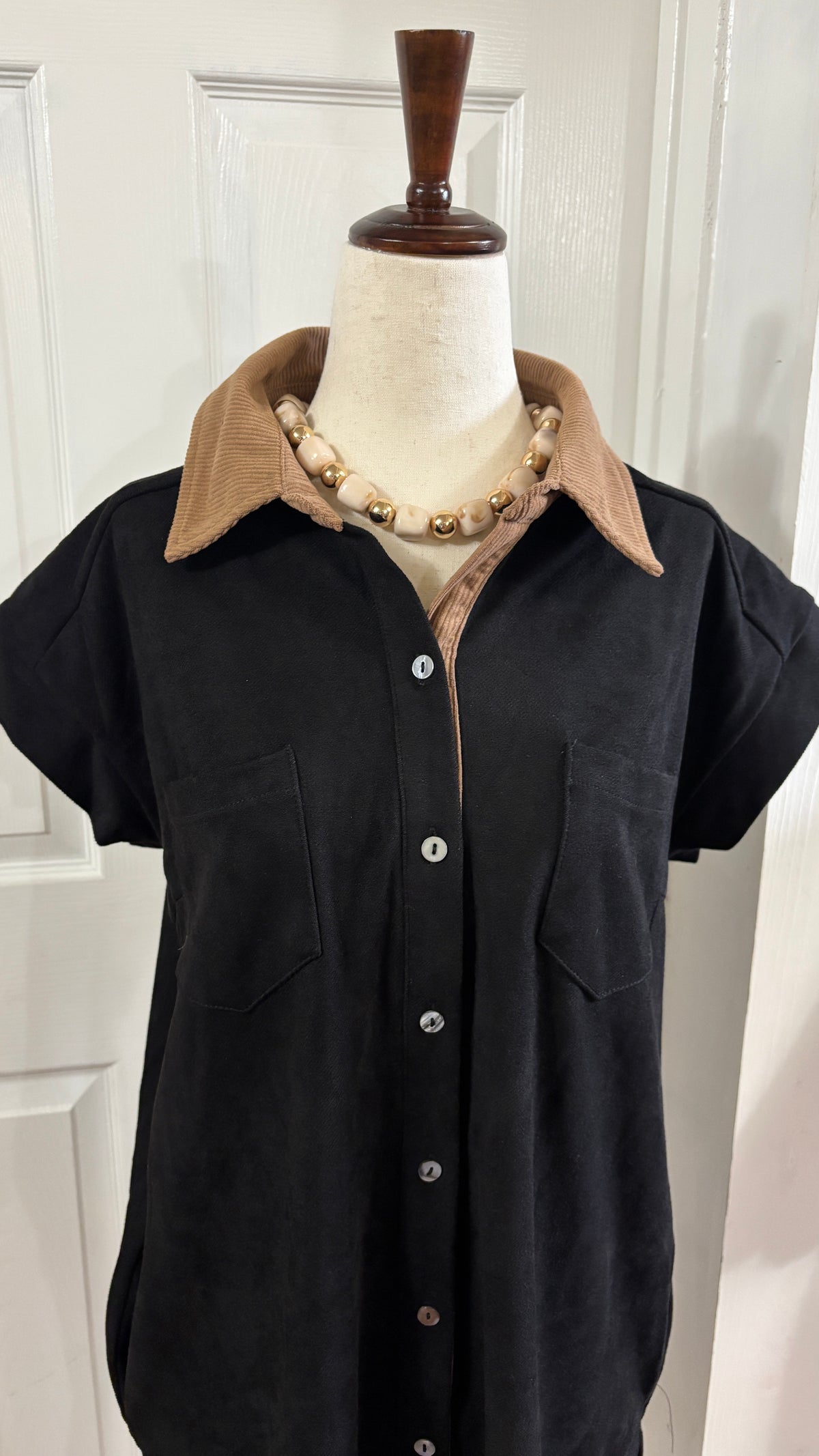 Short Sleeve Contrast Collar Button-Down Suede Mini Shirt Dress