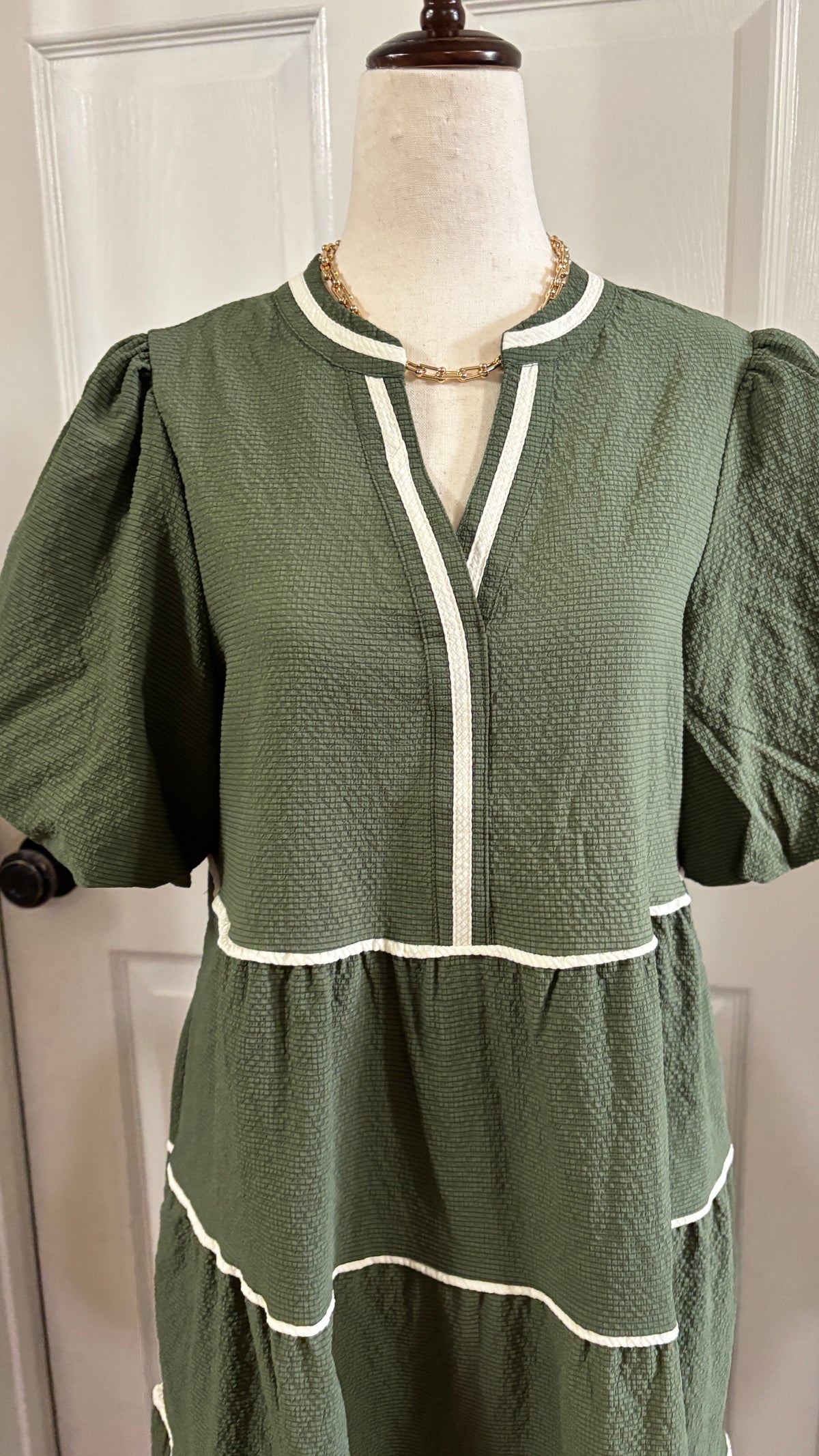 Tiered Seersucker Midi Dress with Bubble Sleeves
