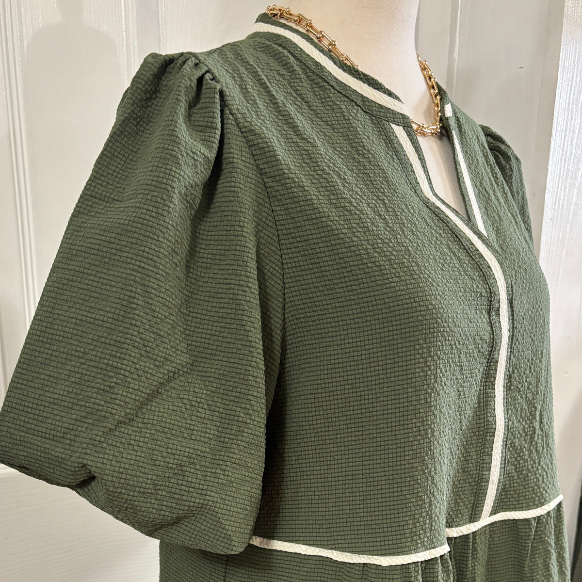 Tiered Seersucker Midi Dress with Bubble Sleeves
