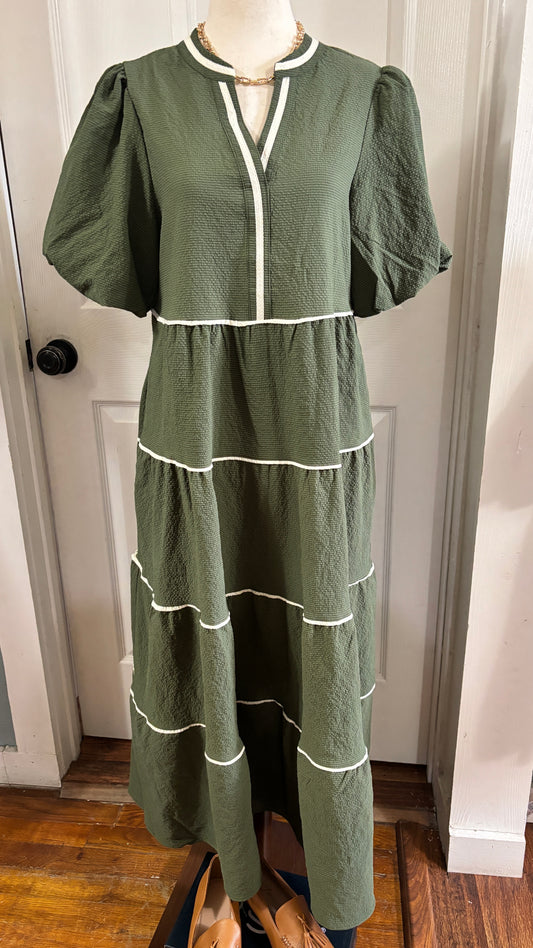 Tiered Seersucker Midi Dress with Bubble Sleeves