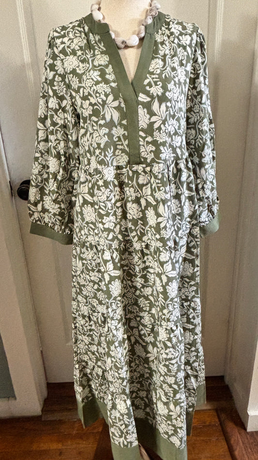 Green Ivory Floral Midi Dress