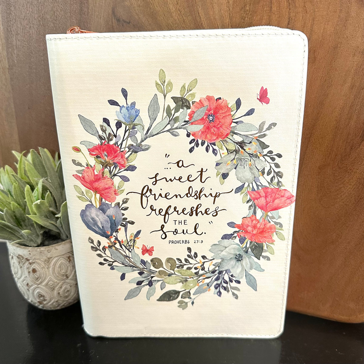 A Sweet Friendship Bright Floral Wreath Faux Leather Journal with Zipper Closure