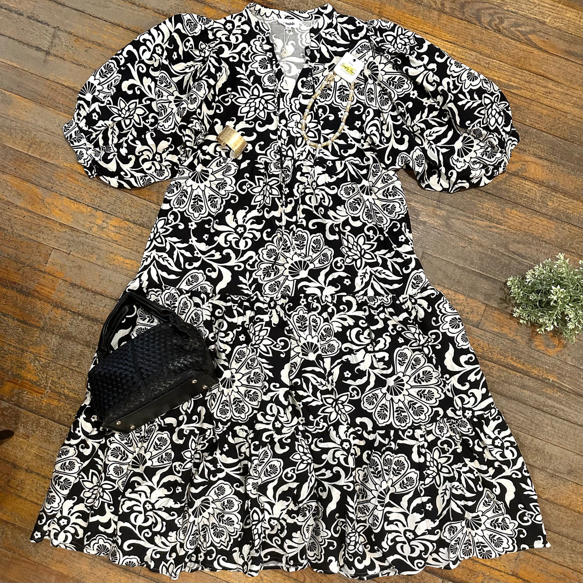 Black & Cream Scroll Print Button-Front Tiered Dress