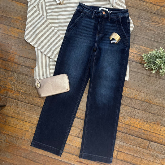 Risen Tummy Control High-Rise Ankle Straight-Leg Jeans - Dark Denim