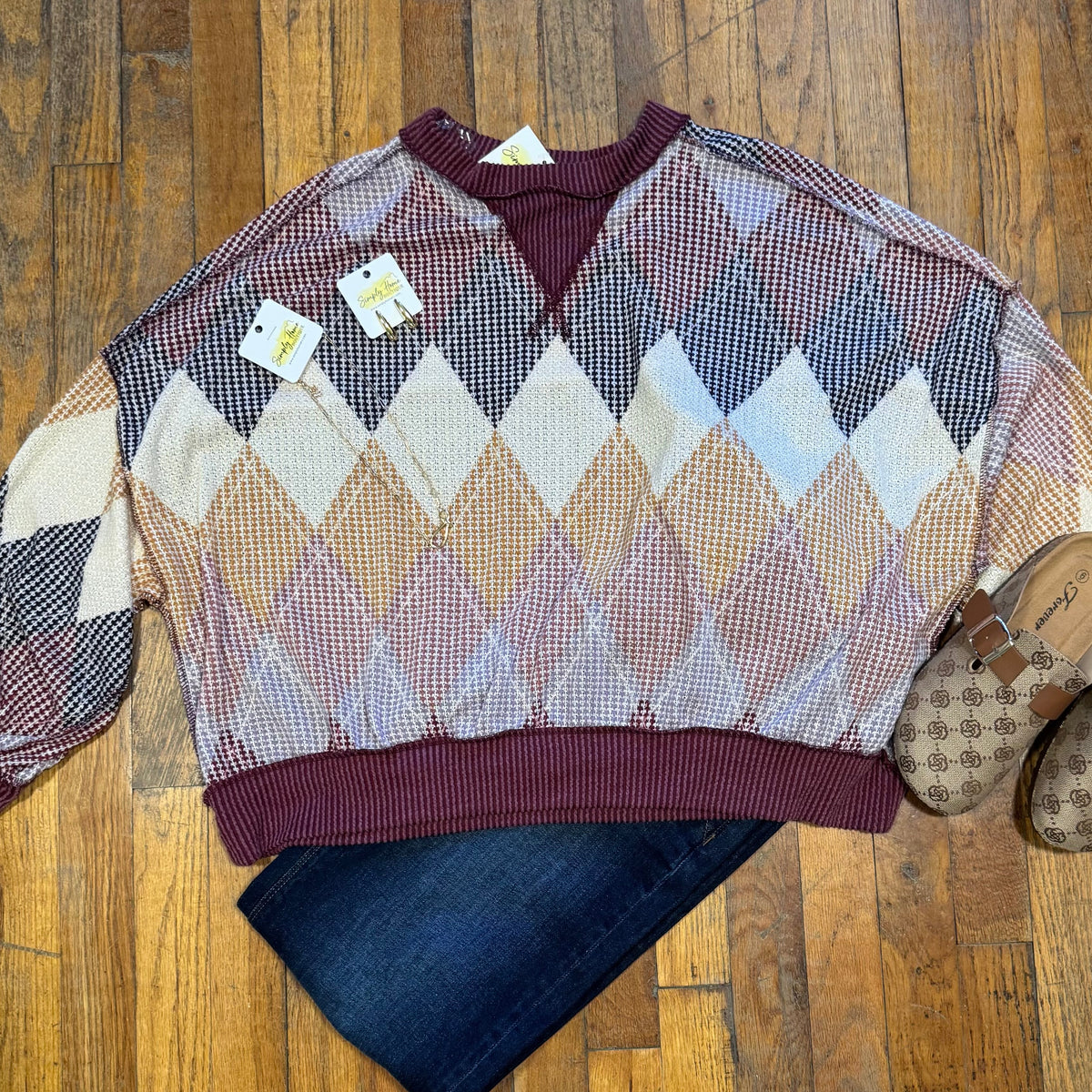 Argyle Waffle Knit Oversized Top