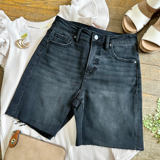 Risen Black Mid Length Raw Hem Shorts
