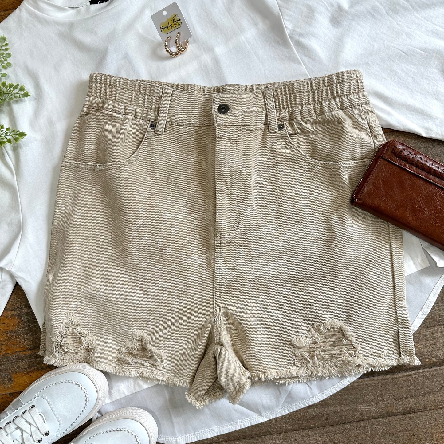 Beige Distress Washed Denim Shorts