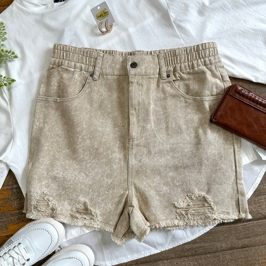 Beige Distress Washed Denim Shorts