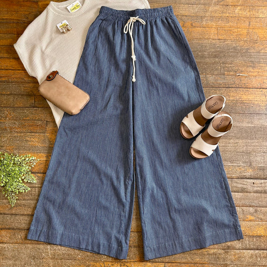 Pinstripe Tie Waist Wide Leg Pants