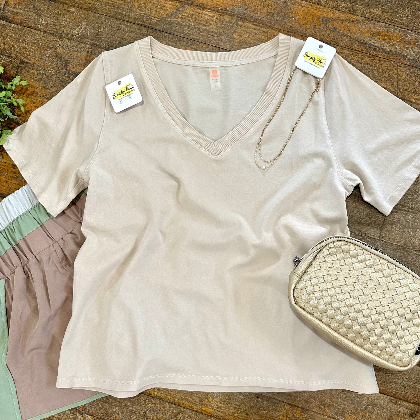 Pima V-Neck Tee in Sand